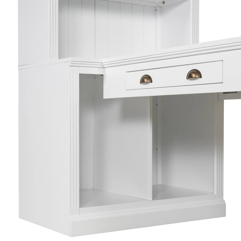 Computer Desk with Open Shelves & LED Lighting, Workstation with Storage Shelf, Freestanding Wood Executive Desk