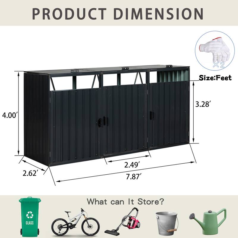 Garbage Bin Shed Stores 3 Trash Cans Metal Outdoor Bin Shed for Garbage Storage,Stainless Galvanized Steel, Bin Shed
