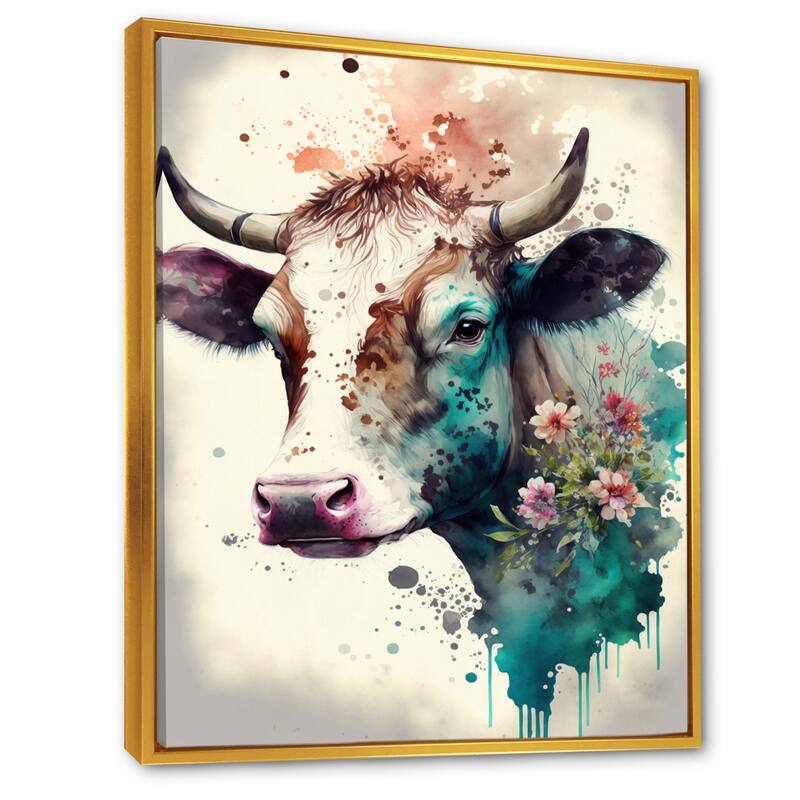 Designart "Cute Cow Floral Art I" Animals Framed Canvas Art Print Bed