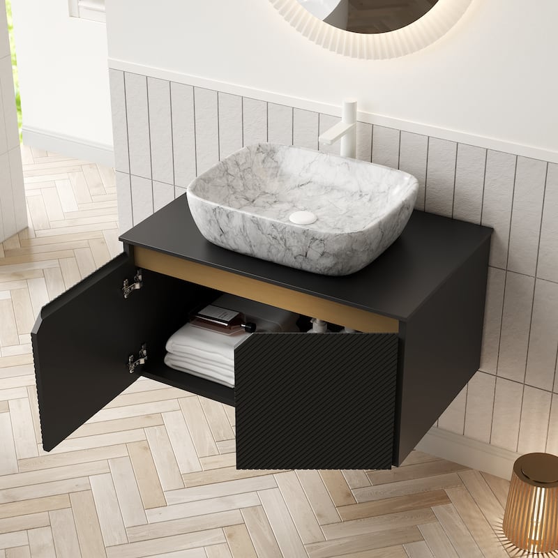 30" Bathroom Vanity&Sink,Wall-Mounted Plywood Storage Cabinet,Twill Double Doors,Rectangle Ceramic Vessel Basin&Stone Top