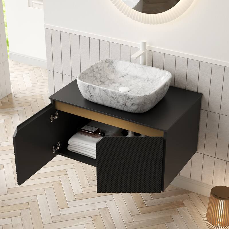 GDFStudio - Ruben Modern Floating Bathroom Vanity with Twill Double Doors, Metal Trim & Black Sintered Stone Countertop - 30" - Marble Rectangle