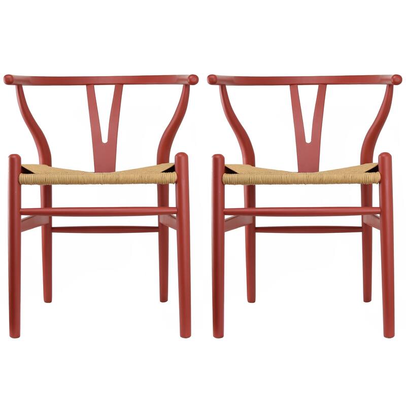 Set of 2 Modern Wish bone Solid Wooden Dining Chair with Woven Paper cord Seat, Farmhouse Y Back Elbow Side Chair - Set of 2 - Red - Dining Height