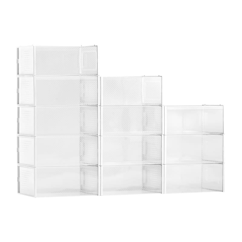 White Stackable Shoe Storage Boxes with Clip Lock Door, Ventilation and Tool-Free Assembly - 13.1 x 9.1 x 5.7 in - White