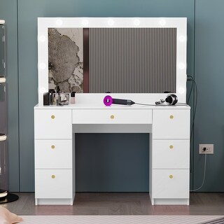 Boahaus Freya White 7-drawer Vanity Dressing Table with Lighted Mirror