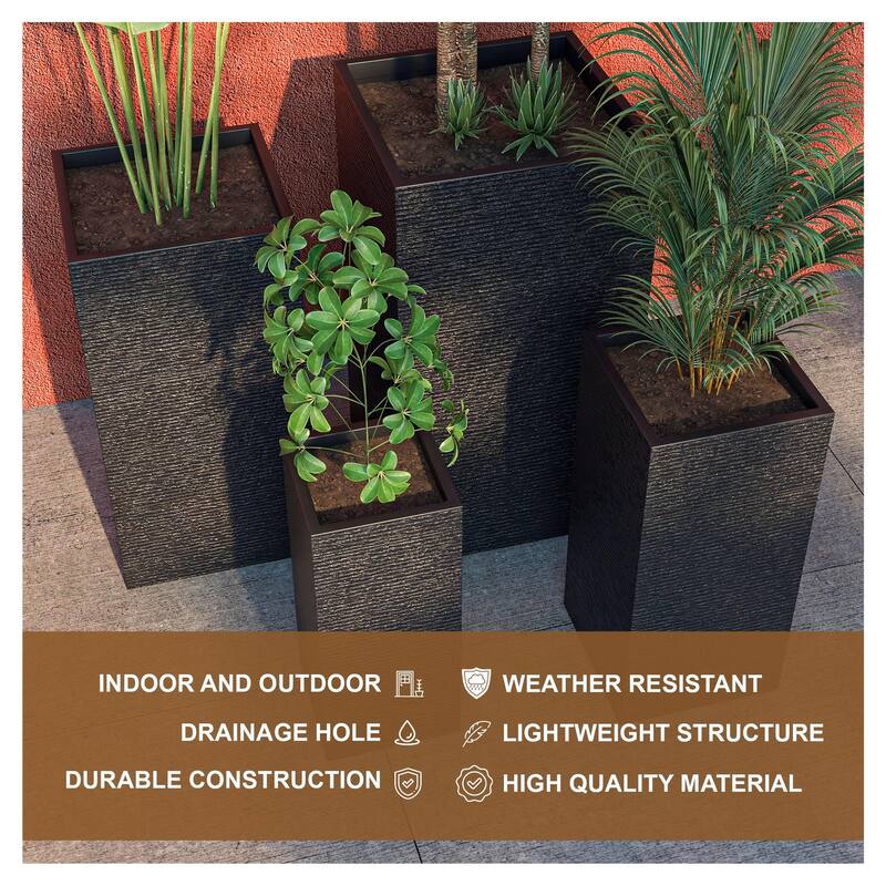 Basalt 4-Piece Tall Square Planter Set, Durable Fiberstone & Clay, Weather-Resistant Indoor/Outdoor Pots with Drainage