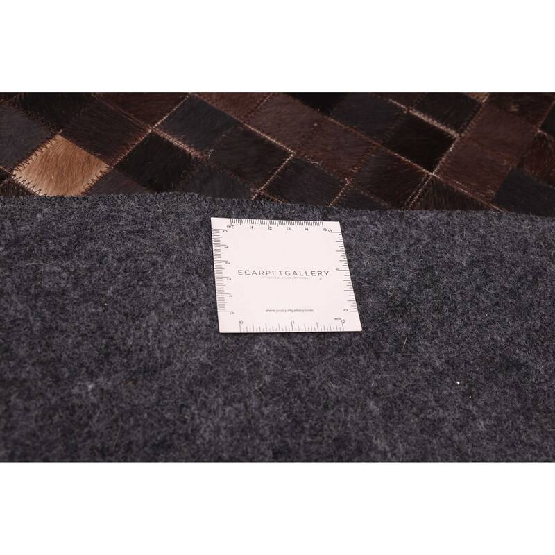 ECARPETGALLERY Handmade Cowhide Patchwork Dark Brown Leather Rug - 7' x 7'