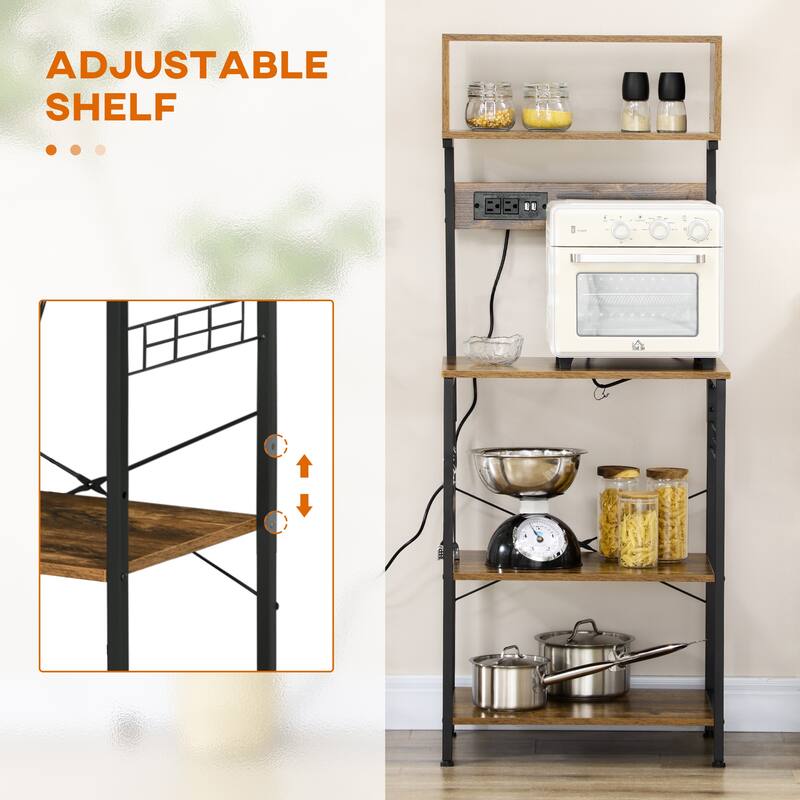Kitchen Bakers Rack with Power Outlet, USB Charger, Microwave Stand, Coffee Bar with Adjustable Shelves