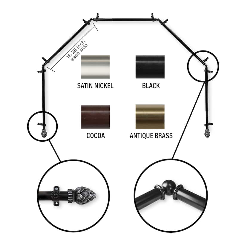 InStyleDesign 13/16" Lotus 5-Sided Bay Window Curtain Rod (18-28 inch each side) - Black