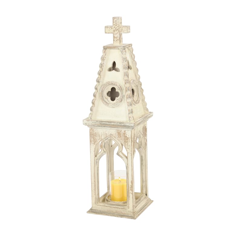 White Wood Standing Decorative Indoor Outdoor Candle Lantern