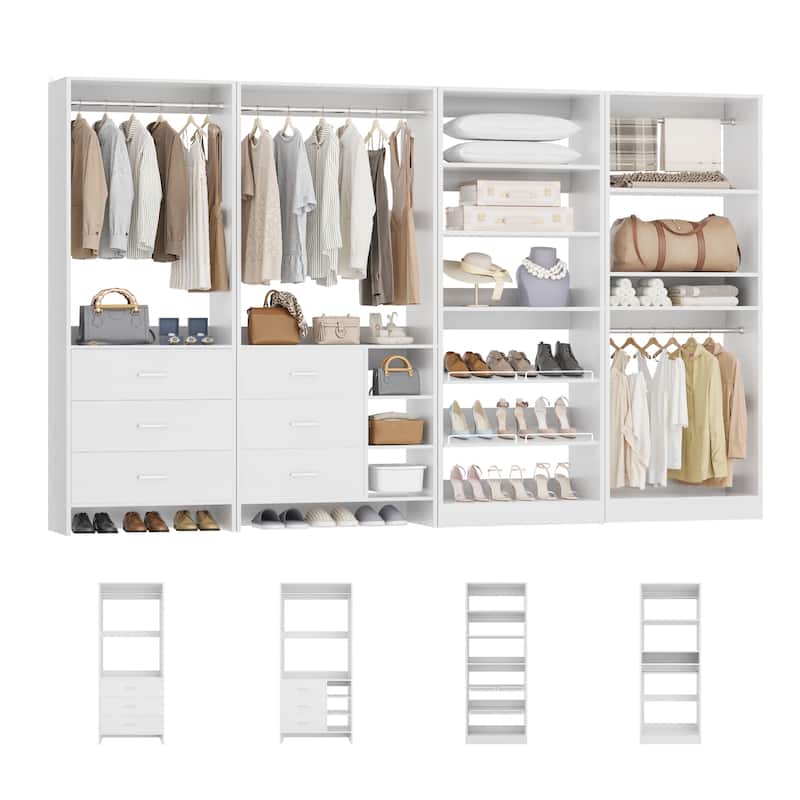 Cimly Set of 4 Closet Organizer with Drawers and Shoe Rack, Freestanding Closet System with Hanging Rods
