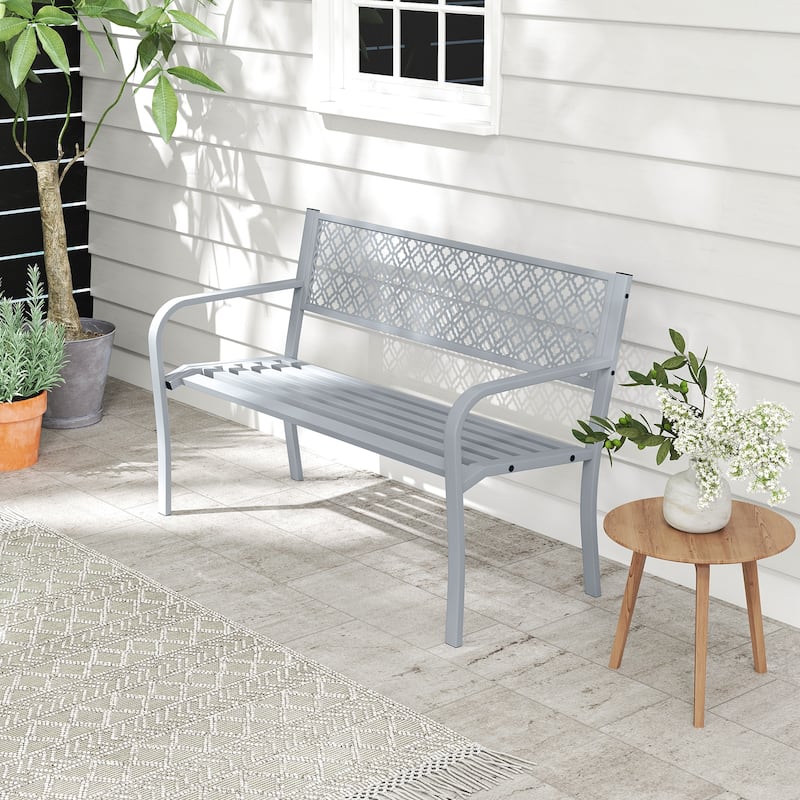 Metal Garden Bench with Lattice Backrest and 790 lbs. Weight Capacity - 50" L x 23" W x 32" H - Grey