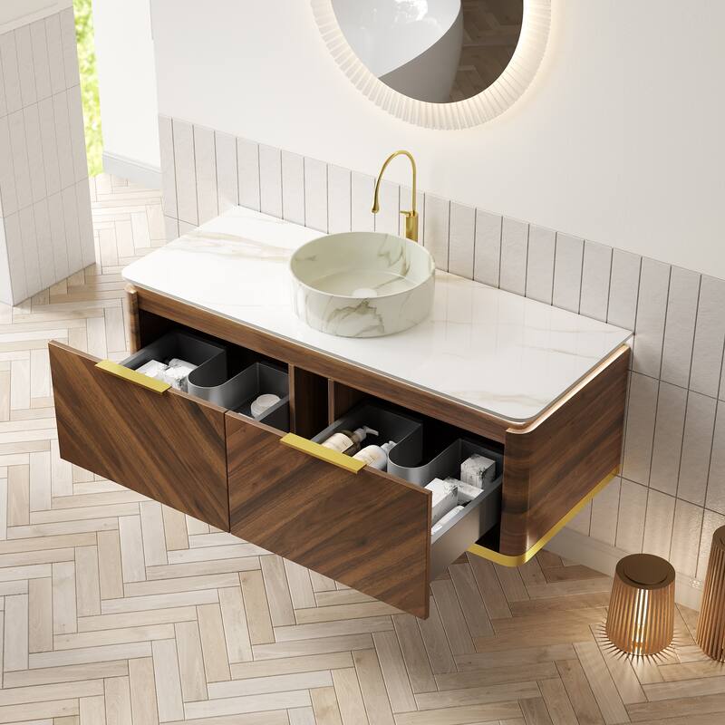 GDFStudio - Dipa Modern 48" Floating Bathroom Vanity with Sensor Light, Drawers & Marble Pattern Ceramic Basin, WITHOUT Faucet - Dark Walnut