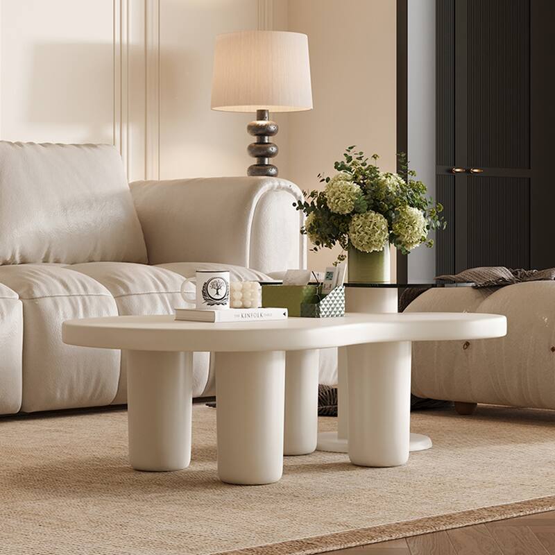 Cream White 2-Piece Nesting Coffee Tables - Glass Top, Easy Assembly for Living Room