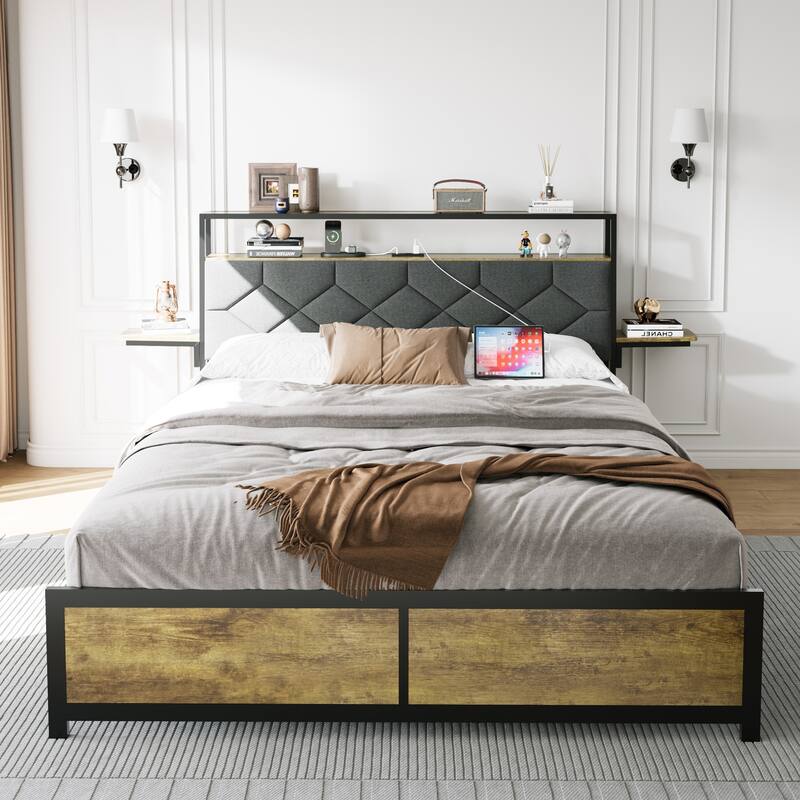 Queen Bed Frame LED Heavy Duty Metal Bed Frame with USB Port, Power Outlet, Upholstered Headboard and Bedside Shelf - Brown Gray