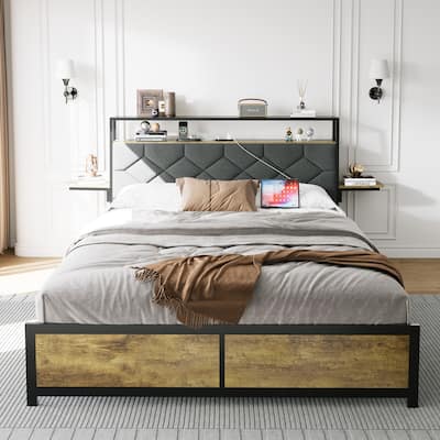 Queen Platform Bed Metal Bed Frame w/Upholstered Headboard & Storage Rack, Charging Station, 2 Bedside Side Shelves,Brown Gray