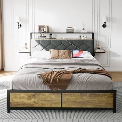 Queen Size Bed Frame, Heavy Duty Metal Platform Bed, Smart LED Headboard Bed Frame, Linen Headboard with Charging Station