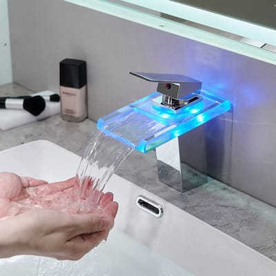 Single Handle Glass LED Waterfall Bathroom Sink Faucet - 7-in H