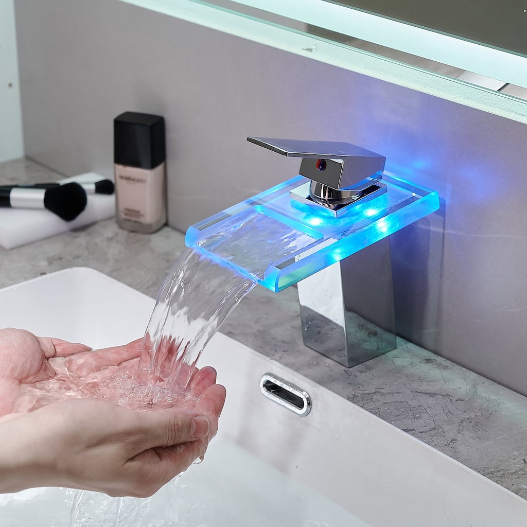 Single Handle Glass LED Waterfall Bathroom Sink Faucet - 7-in H