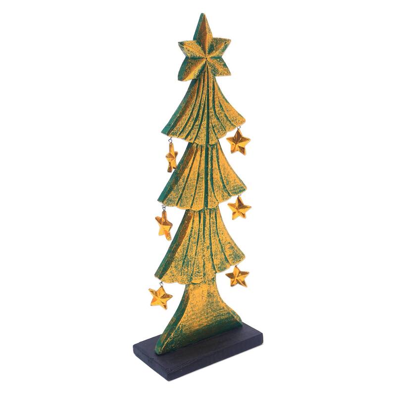 Novica Handmade Starry Christmas Tree Wood Tabletop Decor - Green - 16.5" H x 5.5" W x 2.8" D
