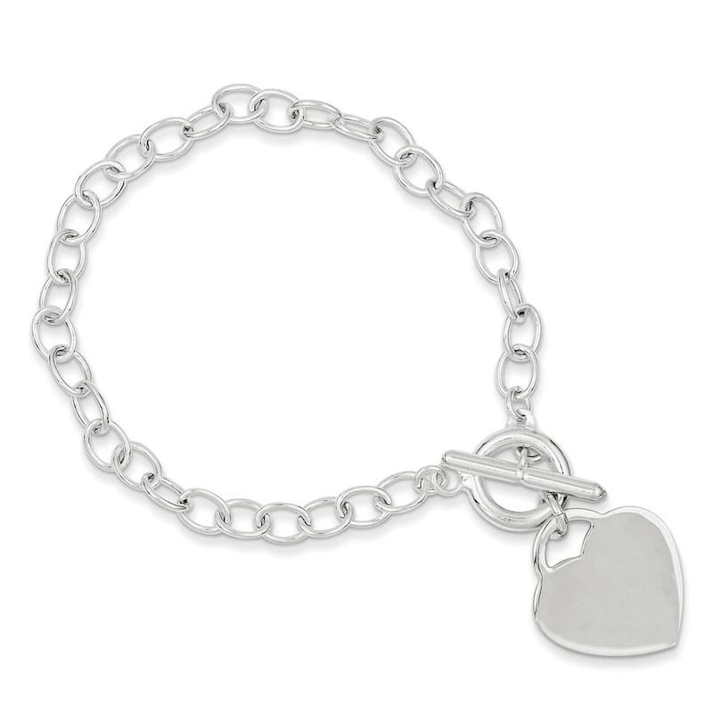 Curata 925 Sterling Silver 7.5" or 8.5" Polished Engravable Heart Tag Oval Link Toggle Bracelet
