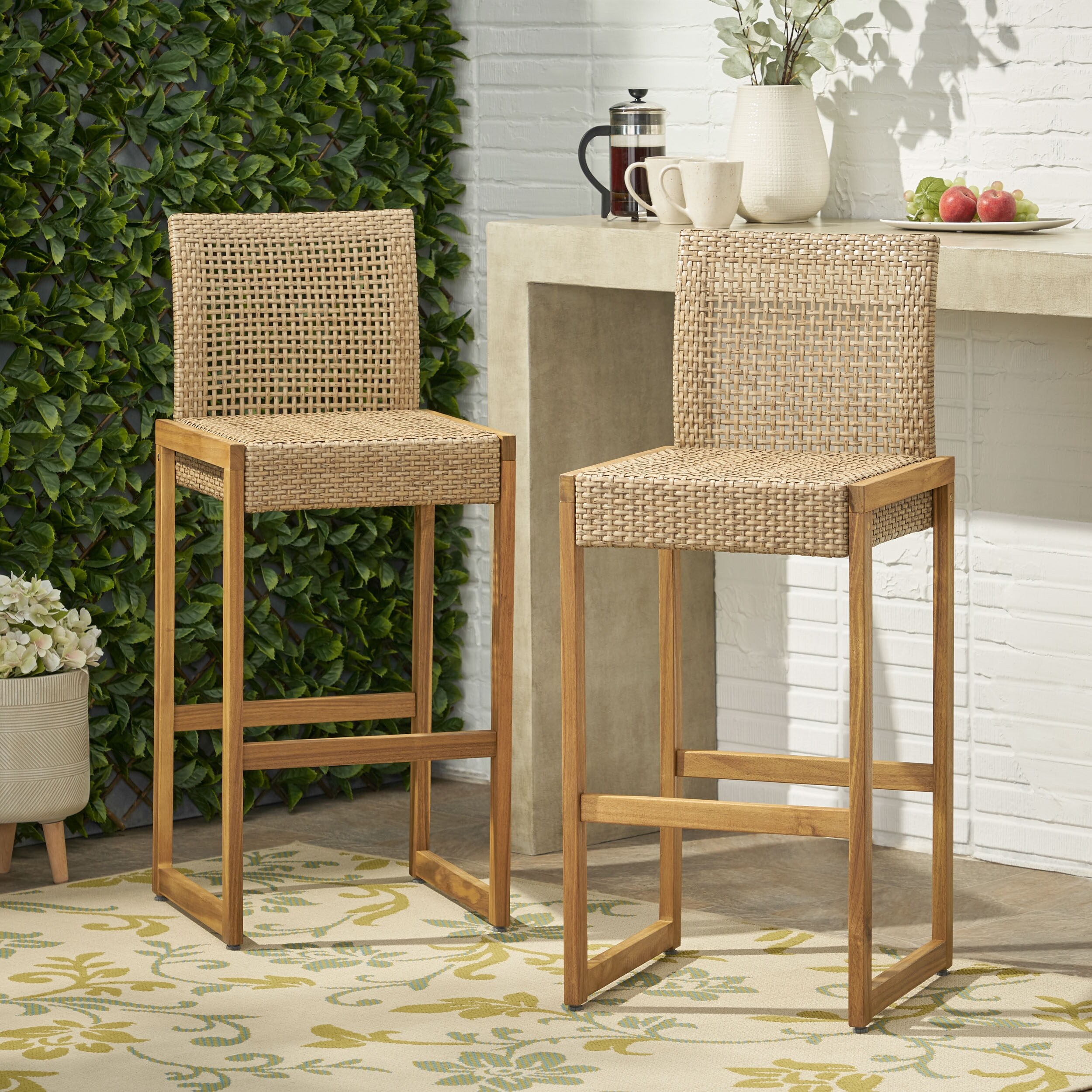 La Brea Outdoor Acacia Wood and Wicker Barstools (Set of 4) by