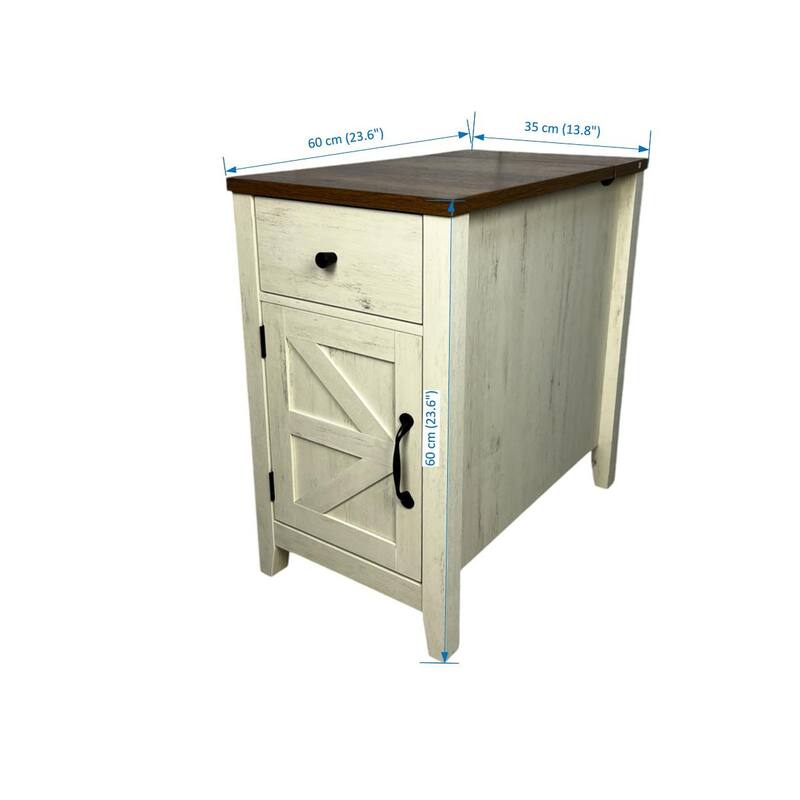 Farmhouse End Table With Charging Station, Night Stand With Barn Door And Drawer