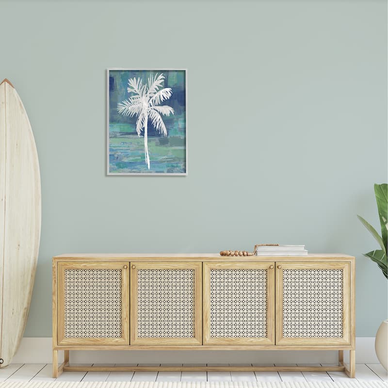 Stupell White Palm Tree Leaves Abstract Green Background Framed Wall Art - Blue
