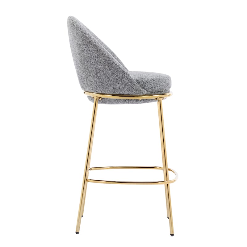 Ergonomic Accent Chairs Grey Upholstered Bar Stools Set of 2 with Half-moon Backrest, Circular Padded Seat and Gold-Plated Frame