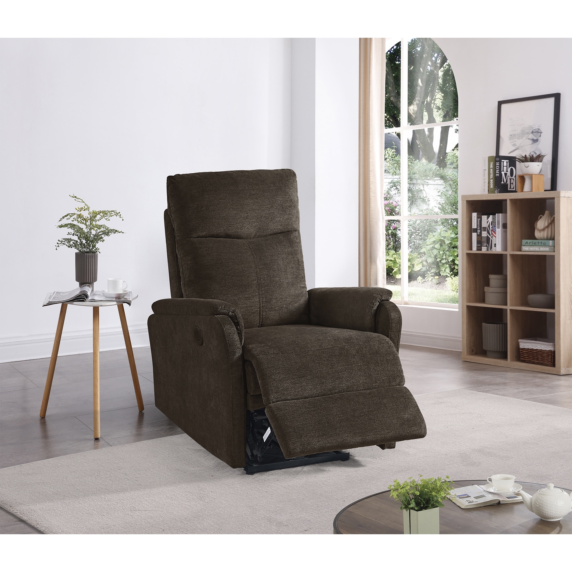 Dark Brown Fabric Power Recliner Chair USB Charging Port Durable Upholstery Slim Arm Design Full Head and Lumbar Support Bed Bath Beyond 41140588