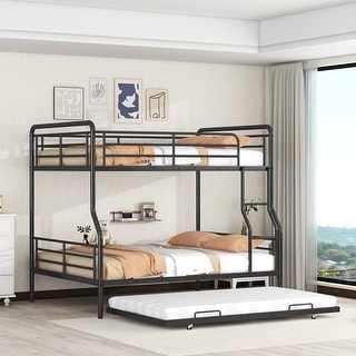 Contemporary & Simple Style Full XL over Queen Metal Bunk Bed with Twin Size Trundle, Save Space or Split Into 2 Beds, Black