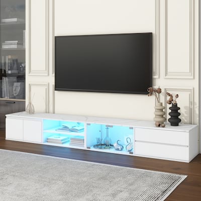 Large Media Console with LED, Faux Marble, Tempered Glass, and Storage for 105" TV