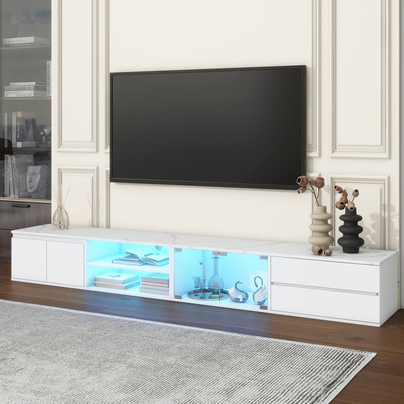Modern APP Controlled LED TV Stand for TVs Up to 105'', Faux Marble Tabletop Media Console with Tempered Glass Doors & 2 Drawers - White