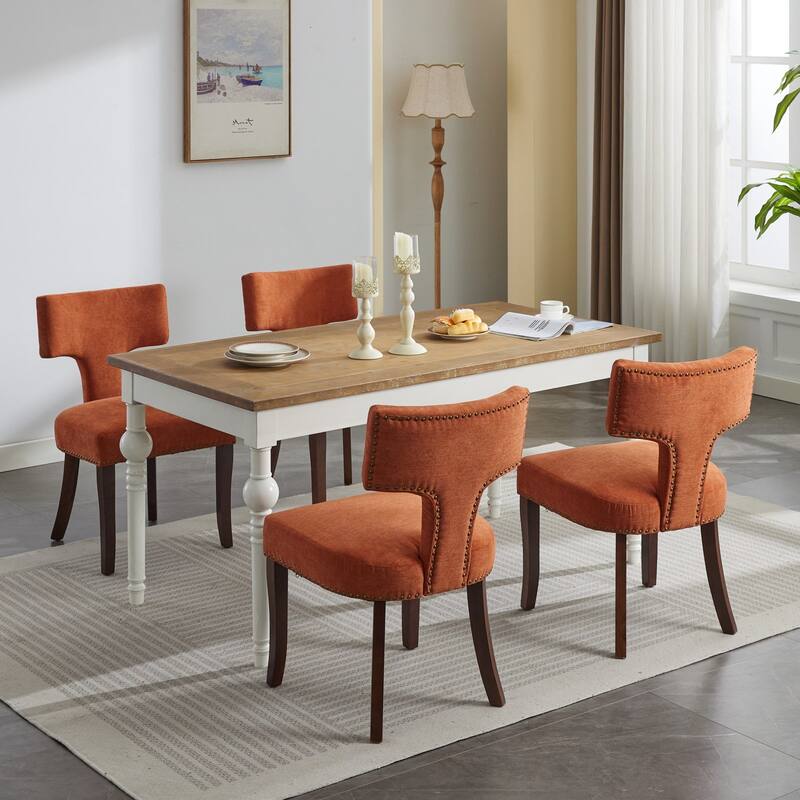Modern Dining Chairs Set of 2, Linen Fabric Upholstered Accent Chair Curved Backrest Kitchen Chairs with Rubberwood Frame