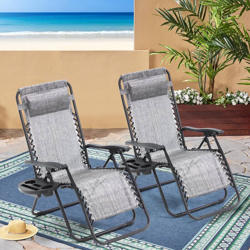 Zero Gravity Lounge Chair Set of 2 – Outdoor Folding Recliners with Cup Holder, Adjustable Headrest, Weather-Resistant Fabric - Ice Gray