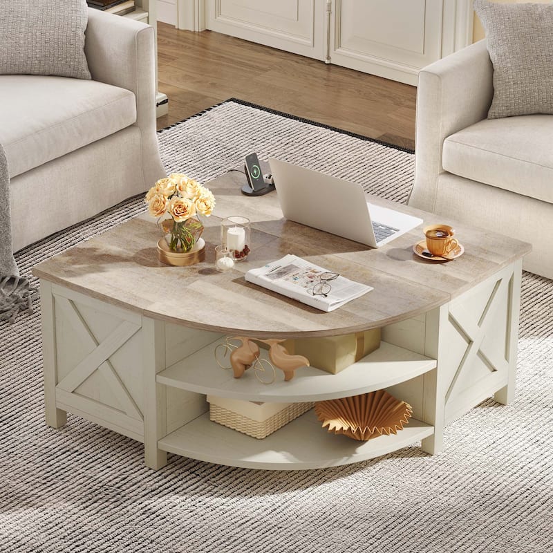 Moasis Lift Top Coffee Table with Storage Shelves, Quarter Circle Center Table for Living Room - Off-White