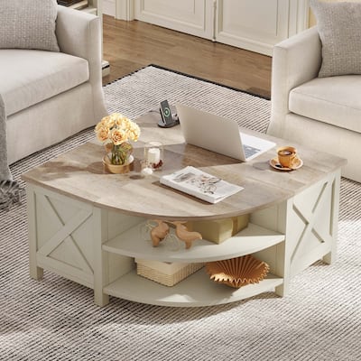Moasis Lift Top Coffee Table with Storage Shelves, Quarter Circle Center Table for Living Room