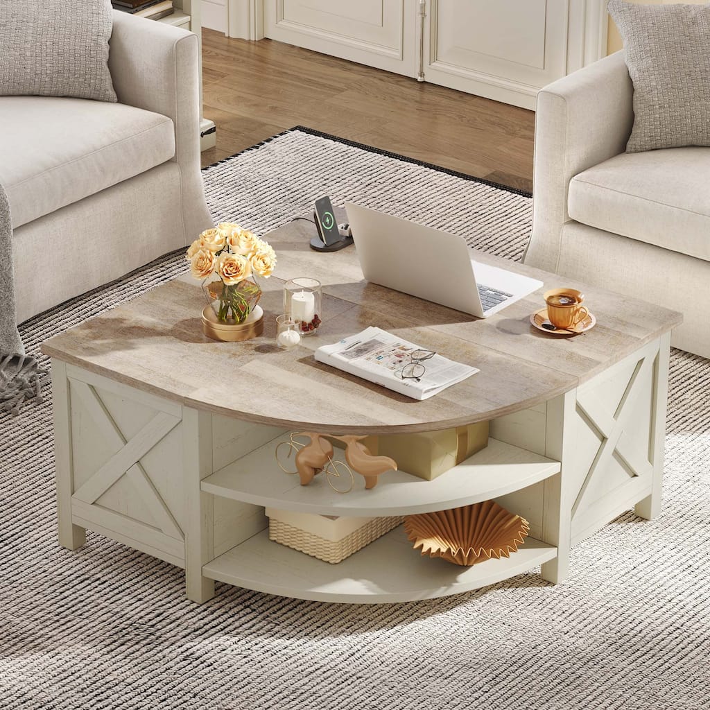 Moasis Lift Top Coffee Table with Storage Shelves, Quarter Circle Center Table for Living Room