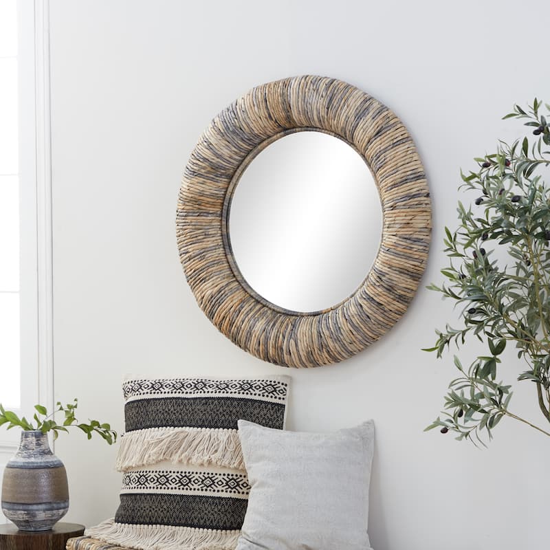 Gray Banana Leaf Room Wall Mirror with Coiled Frame and Blue Accents - 35 x 3 x 35 Round - 35 x 3 x 35 Round - Grey