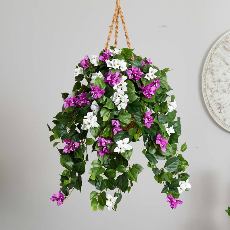 Artificial Hanging Basket Plant - Bougainvillea Silk Flowers - Purple Decorative Home Décor