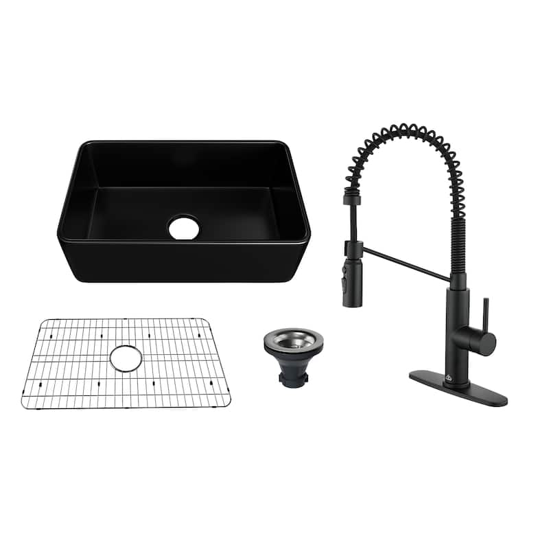 Farmhouse/Apron-Front Single Bowl Fireclay Kitchen Sink with 3-Function Pull-Down Kitchen Faucet, Grid, and Basket Strainer - 30" Matte Black Sink + Matte Black Faucet - 30 x 18 x 10