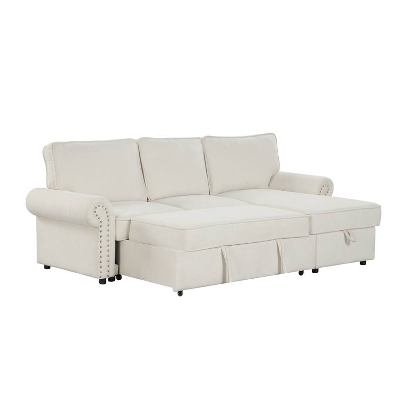 Convertible Sectional Sleeper Sofa with Storage Chaise, Pull-Down Backrest, Dual Cup Holders, Arc Armrests and Nailhead Trim