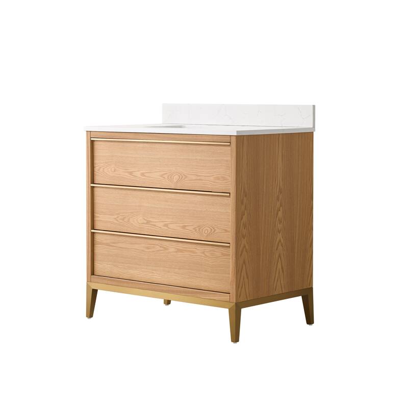 36"/48"/60" W Width Solid Wood Bathroom Vanity with Stain-resistant Carrera White Quartz Top and Sink