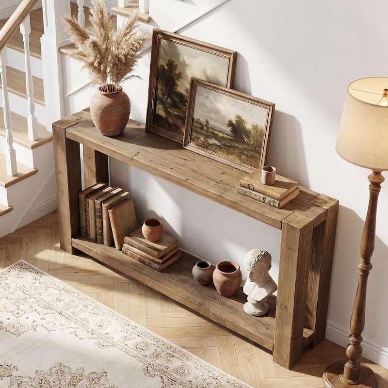 63-Inch Solid Wood Console Table, 2-Tier Farmhouse Rustic Entryway Table with Open Shelf - 11.81" W x 62.99" L x 31.5" H