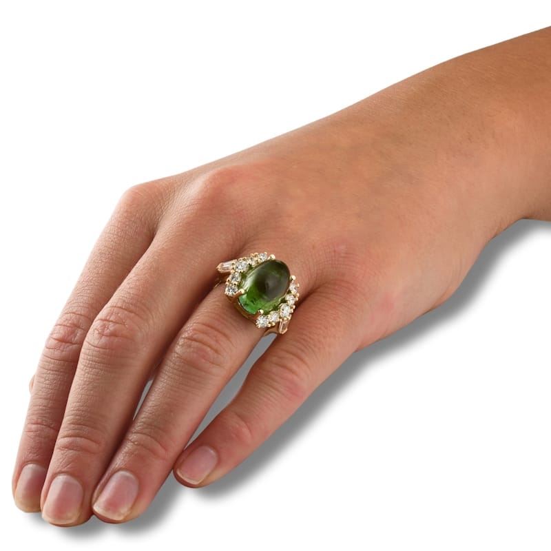 Bliss Diamond 14.29Ct Green Tourmaline Heirloom Diamond Ring Yellow Gold