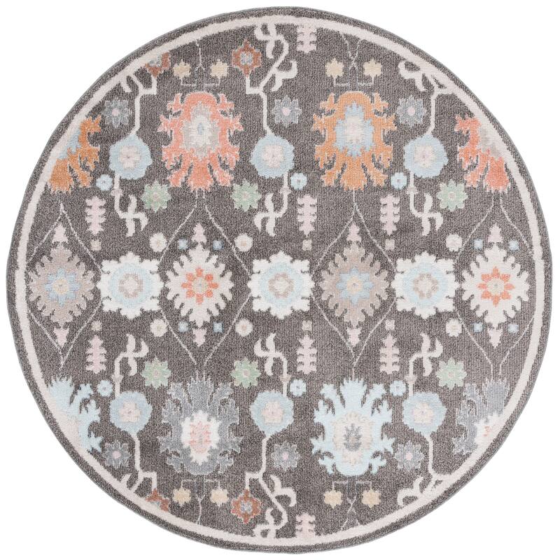 SAFAVIEH Phoenix Dezzie Boho Floral Rug - 6'7" Round - Dark Grey/Ivory Blue