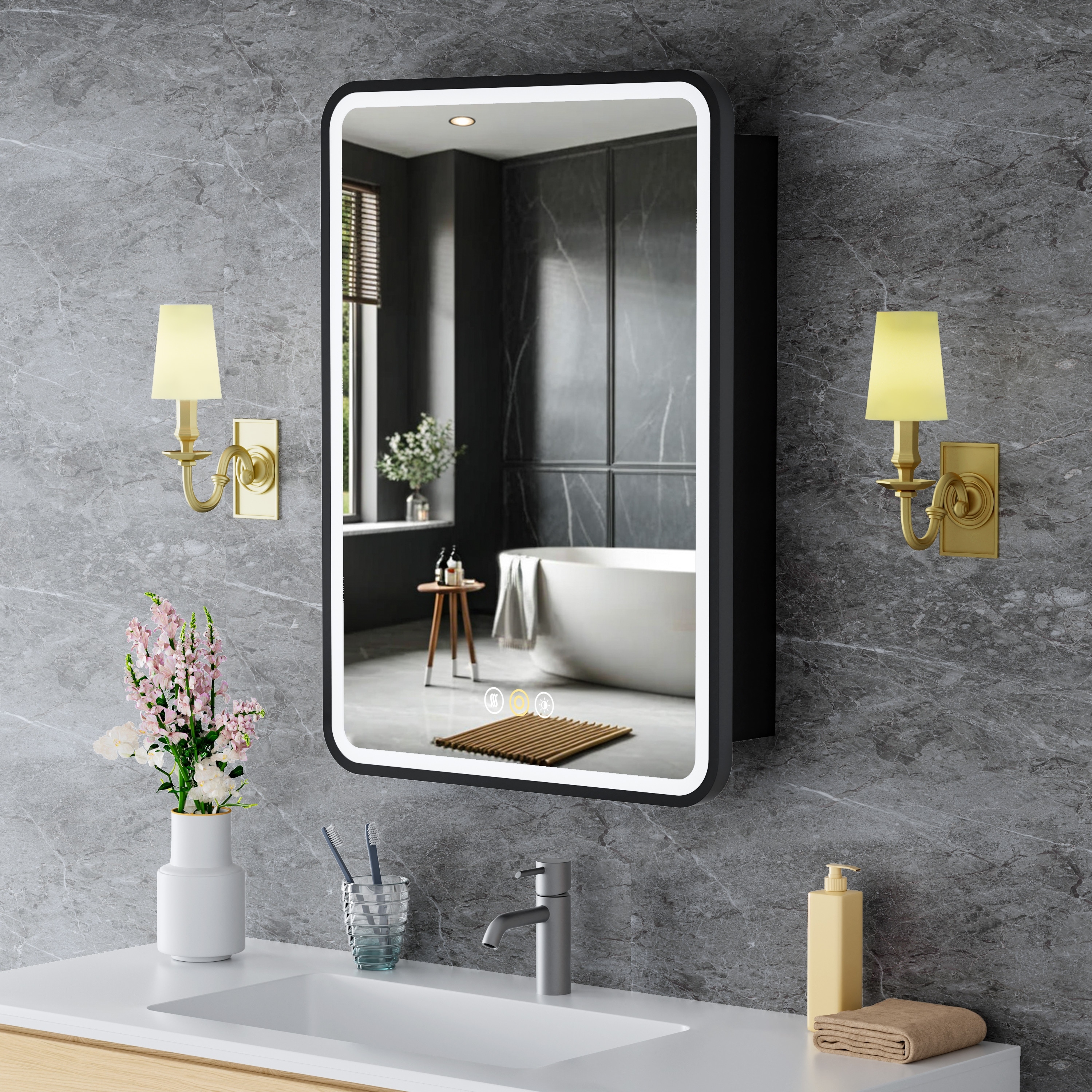 Aris Recessed/Surface Mount Bathroom Medicine Cabinet with Mirror and Lights, Dimmable, Adjustable Glass Shelves, Fast Defogging