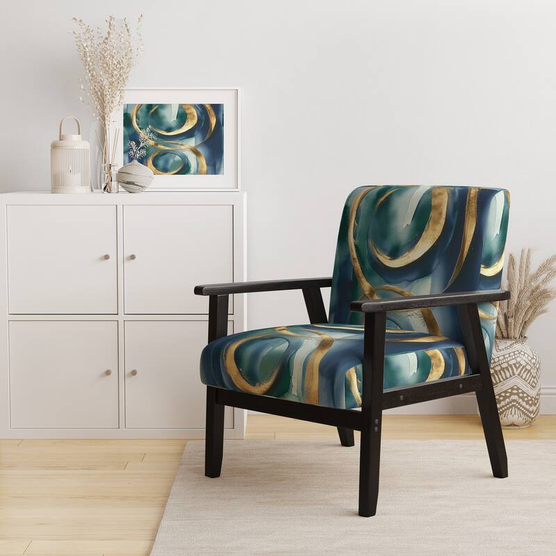Designart "Mettalic Indigo And Gold II" Upholstered Abstract Accent Chair - Glam Arm Chair For Living Room - Arm Chair - Teal & Gold