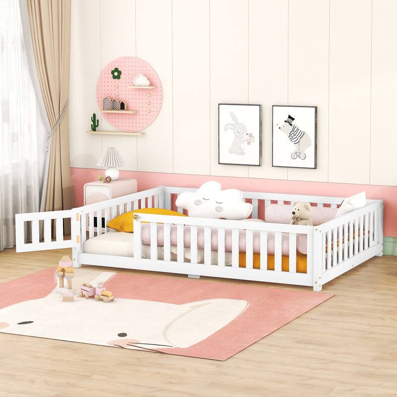 Twin/Full/Queen Size Floor Bed w/Door & Fence,Montessori Floor Bed for Kids,Solid Wood Twin/Full/Queen Bed Frame for Girls Boys - White - Full