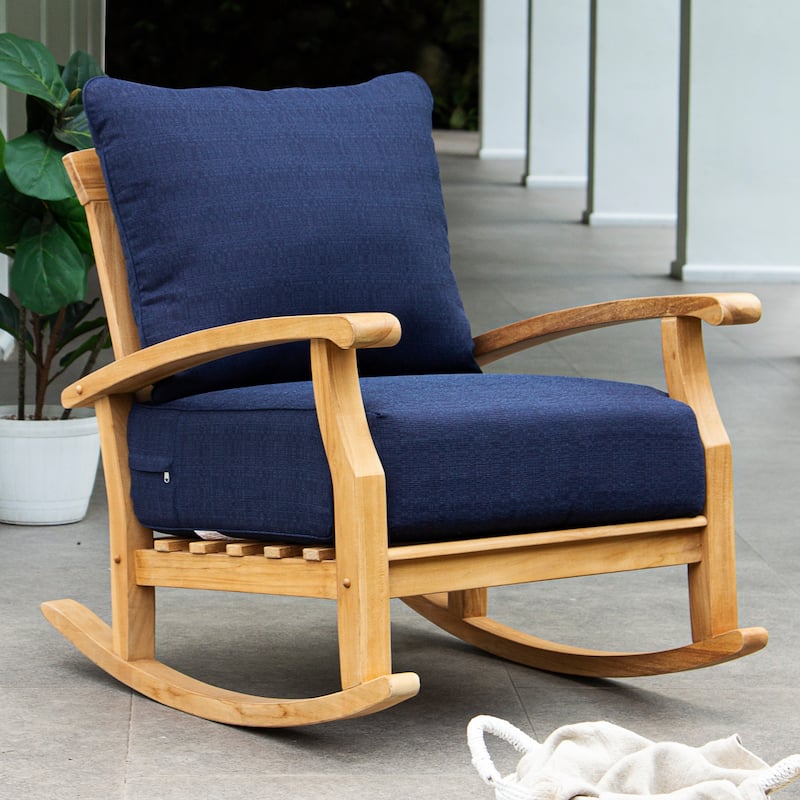 Cambridge Casual Leon Teak Outdoor Rocking Chair with Cushion - Natural Teak/Navy Cushion