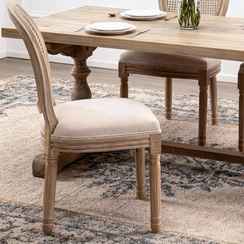 French Style Solid Wood Frame Linen Fabric Rattan Back Dining Chair (Set of 2)